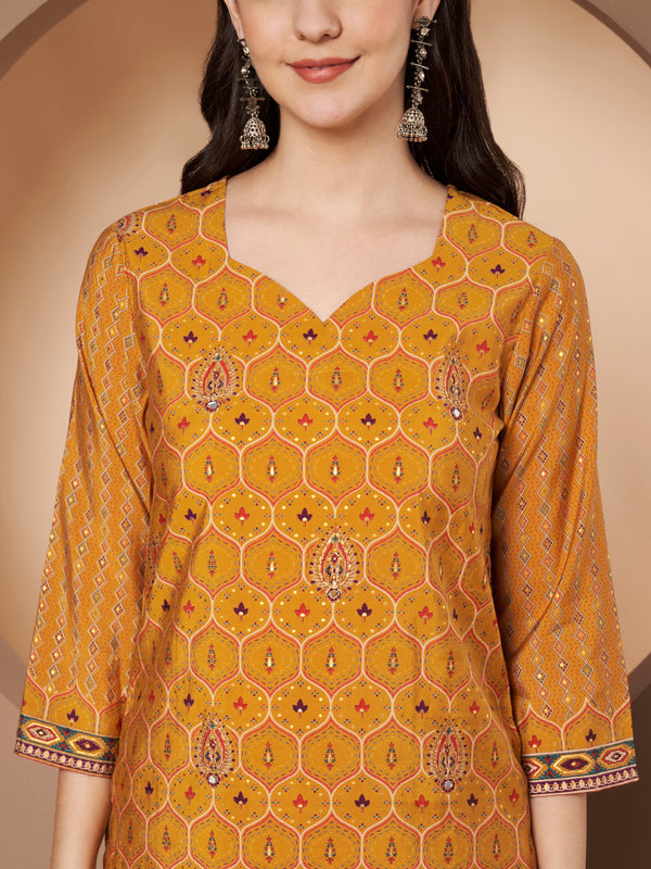 Mustard Printed Kurta with Palazzo & Printed Dupatta