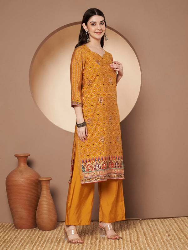 Mustard Printed Kurta with Palazzo & Printed Dupatta