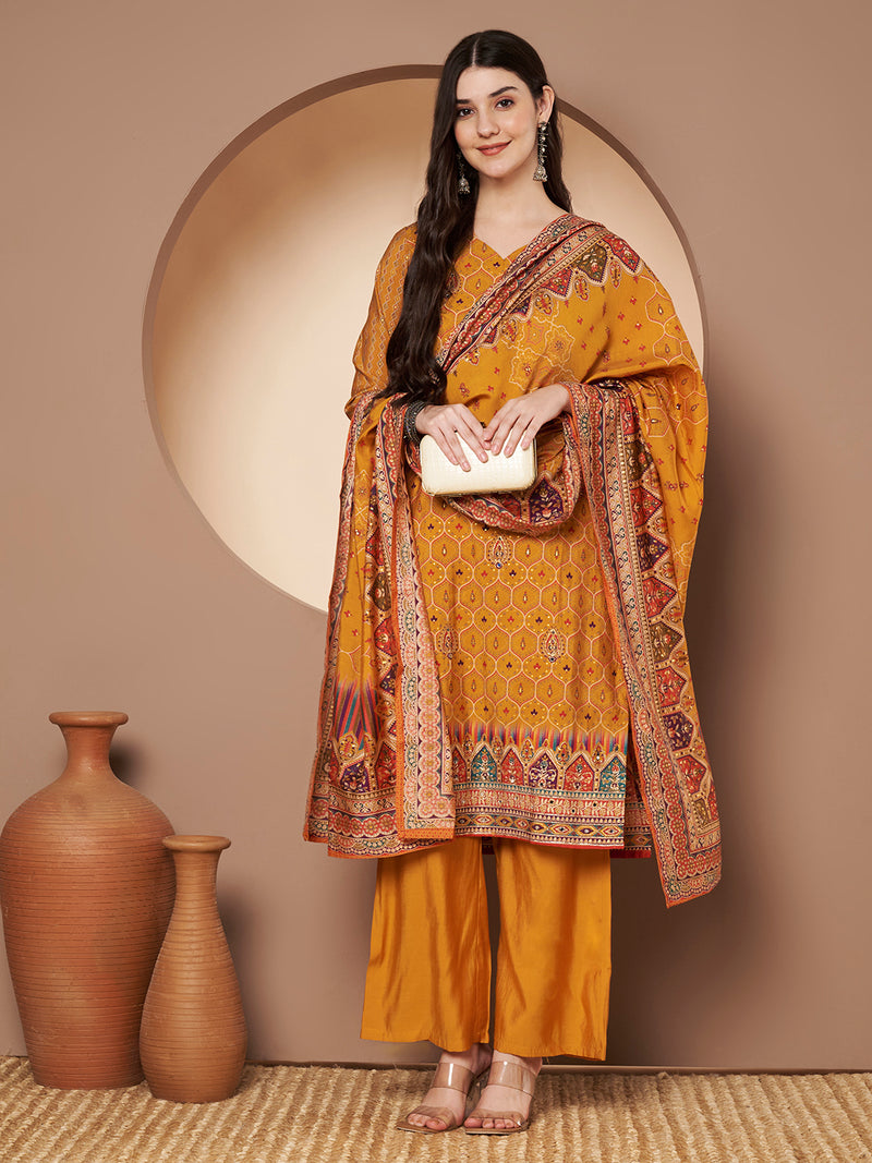 Mustard Printed Kurta with Palazzo & Printed Dupatta