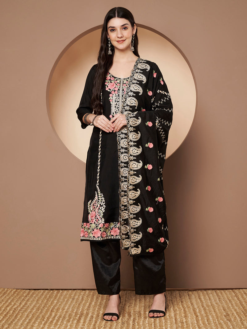 White Floral Aari Work Embroidered Kurta with Palazzo & Embroidered Dupatta