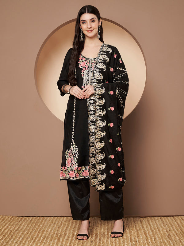 White Floral Aari Work Embroidered Kurta with Palazzo & Embroidered Dupatta