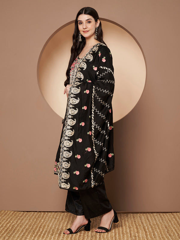 White Floral Aari Work Embroidered Kurta with Palazzo & Embroidered Dupatta