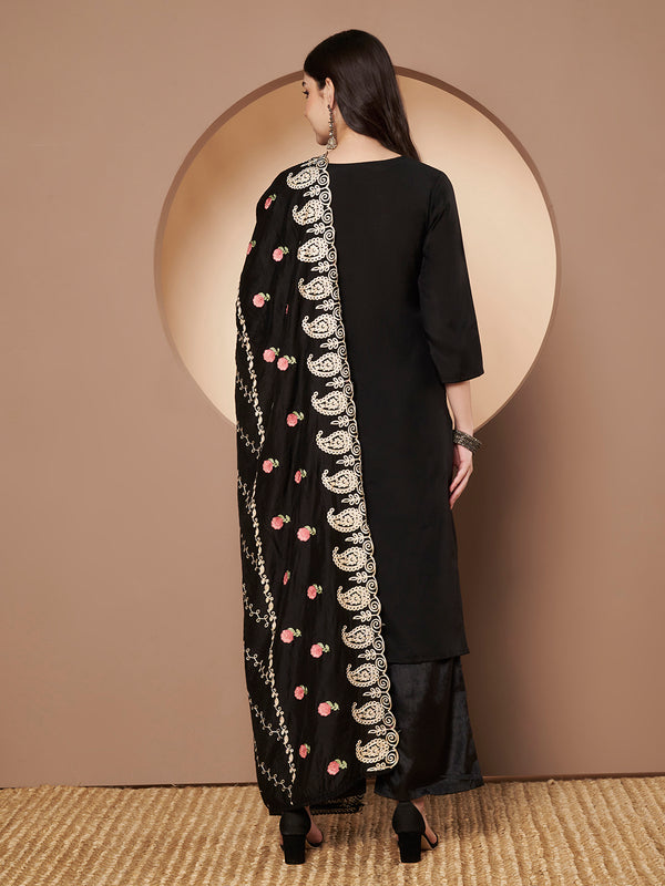 White Floral Aari Work Embroidered Kurta with Palazzo & Embroidered Dupatta