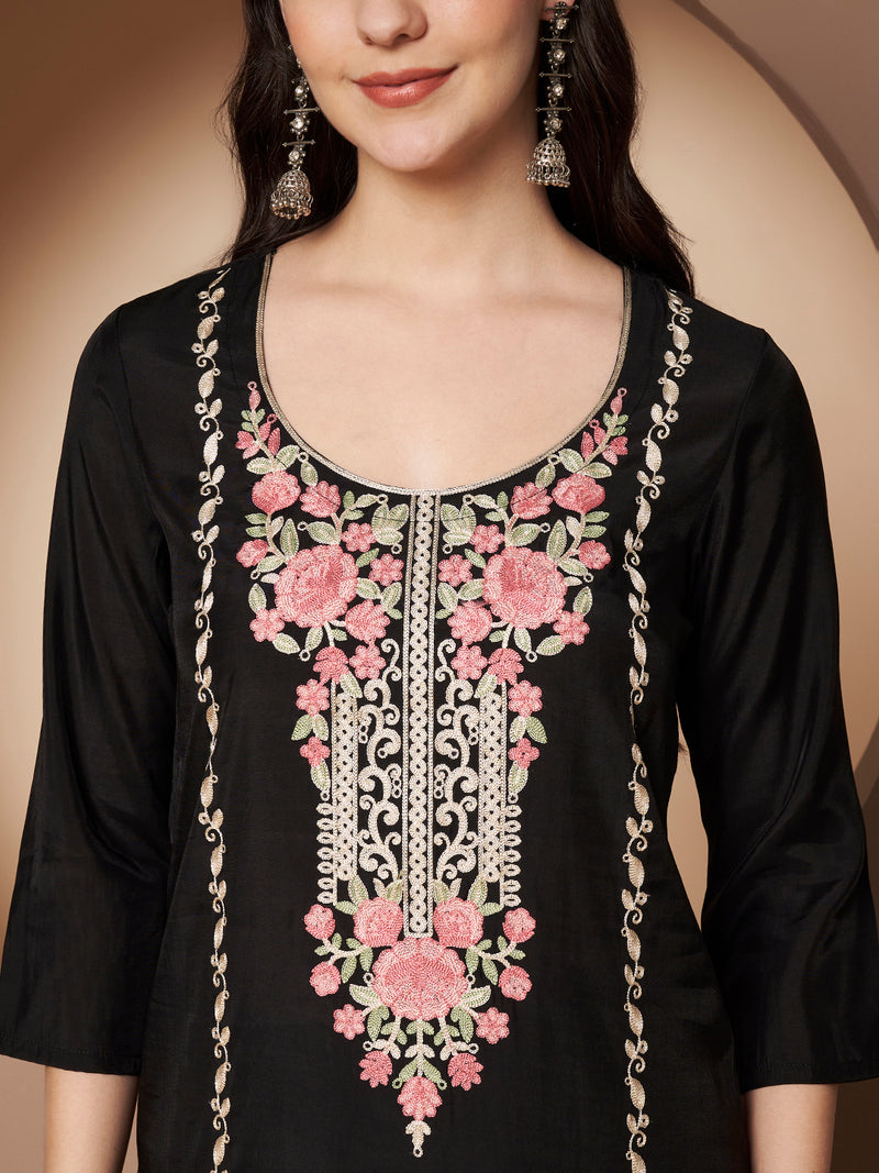 White Floral Aari Work Embroidered Kurta with Palazzo & Embroidered Dupatta