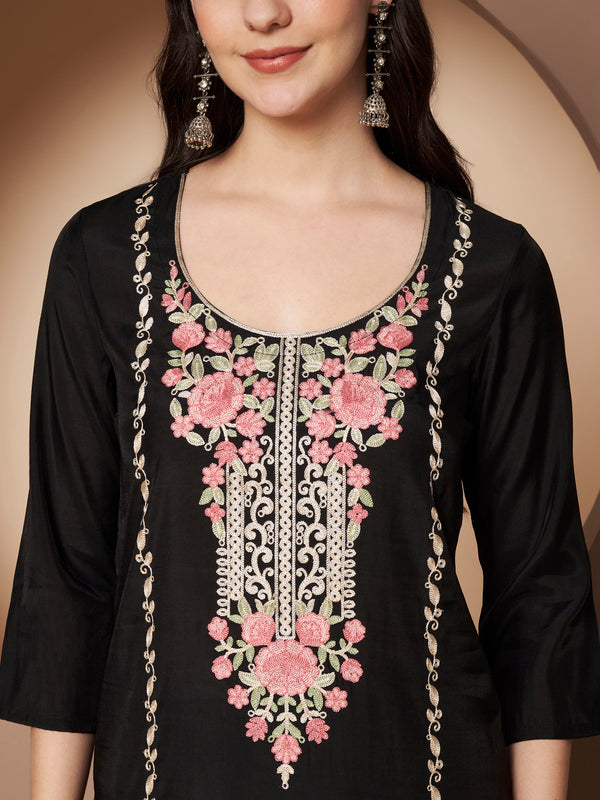 White Floral Aari Work Embroidered Kurta with Palazzo & Embroidered Dupatta