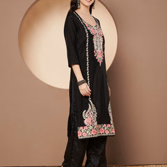 White Floral Aari Work Embroidered Kurta with Palazzo & Embroidered Dupatta