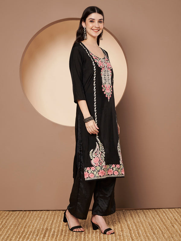 White Floral Aari Work Embroidered Kurta with Palazzo & Embroidered Dupatta