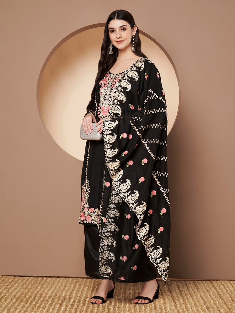 White Floral Aari Work Embroidered Kurta with Palazzo & Embroidered Dupatta