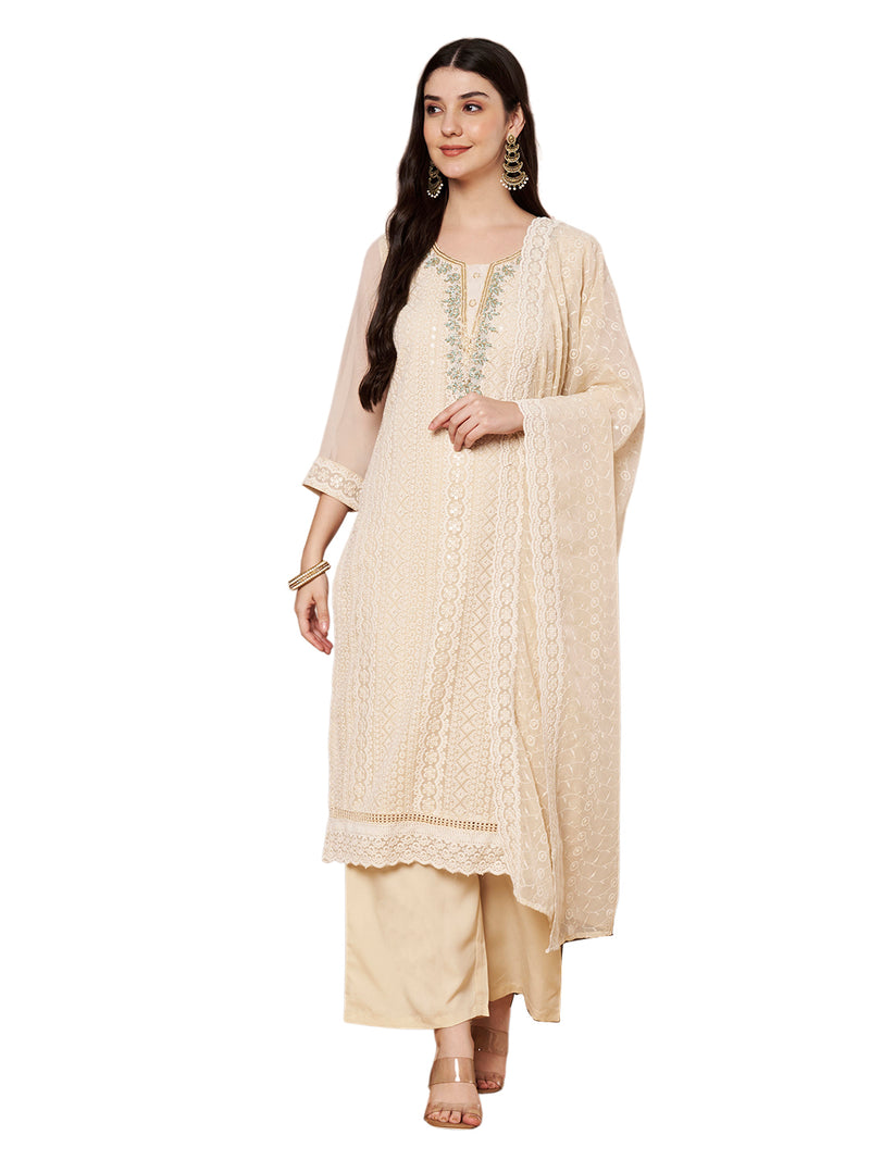 Beige & Green Chickenkari Adda Work Embroidered Kurta with Palazzo and Embroidered Dupatta
