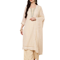 Beige & Green Chickenkari Adda Work Embroidered Kurta with Palazzo and Embroidered Dupatta