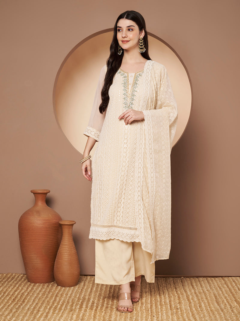 Beige & Green Chickenkari Adda Work Embroidered Kurta with Palazzo and Embroidered Dupatta