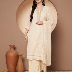 Beige & Green Chickenkari Adda Work Embroidered Kurta with Palazzo and Embroidered Dupatta
