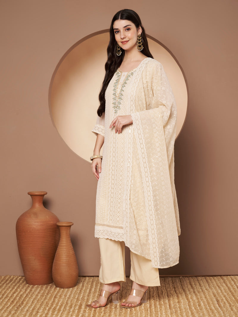 Beige & Green Chickenkari Adda Work Embroidered Kurta with Palazzo and Embroidered Dupatta