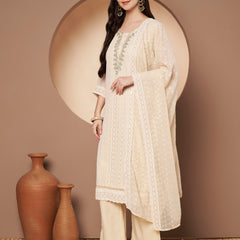 Beige & Green Chickenkari Adda Work Embroidered Kurta with Palazzo and Embroidered Dupatta