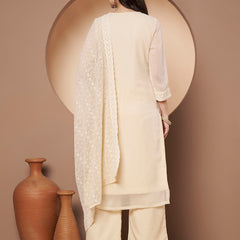 Beige & Green Chickenkari Adda Work Embroidered Kurta with Palazzo and Embroidered Dupatta