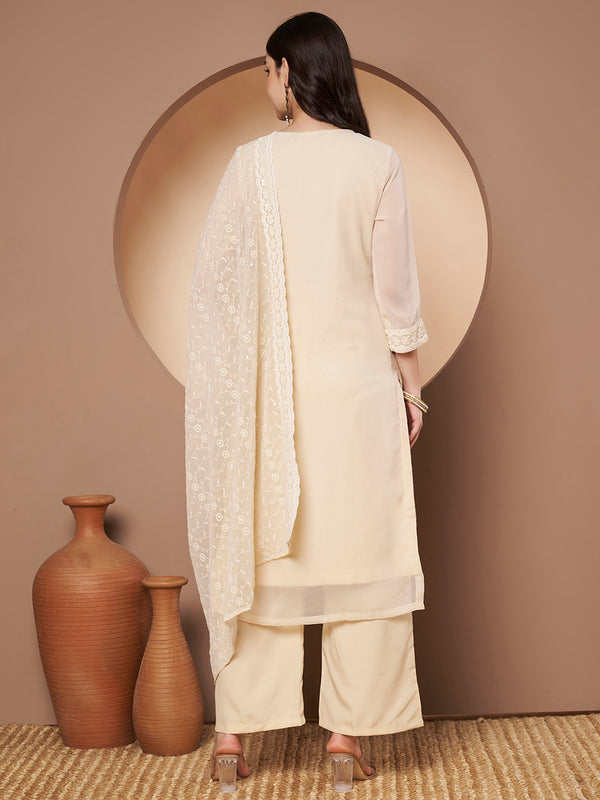 Beige & Green Chickenkari Adda Work Embroidered Kurta with Palazzo and Embroidered Dupatta