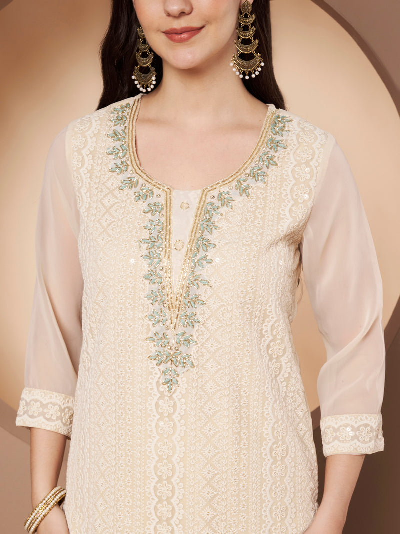 Beige & Green Chickenkari Adda Work Embroidered Kurta with Palazzo and Embroidered Dupatta