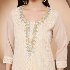 Beige & Green Chickenkari Adda Work Embroidered Kurta with Palazzo and Embroidered Dupatta