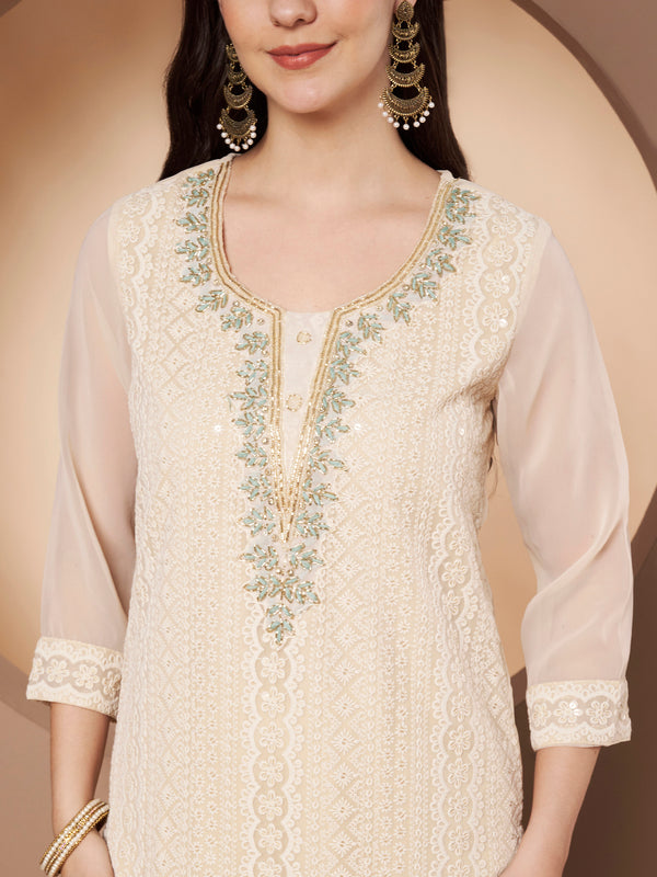 Beige & Green Chickenkari Adda Work Embroidered Kurta with Palazzo and Embroidered Dupatta