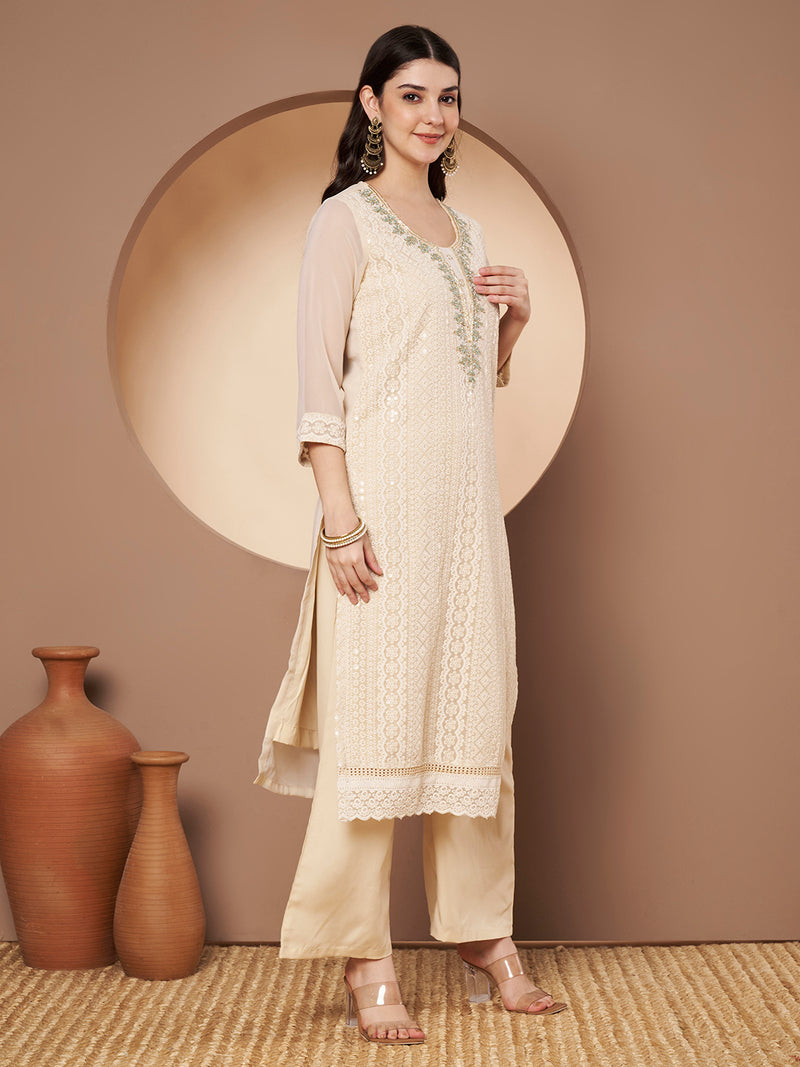 Beige & Green Chickenkari Adda Work Embroidered Kurta with Palazzo and Embroidered Dupatta