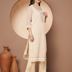 Beige & Green Chickenkari Adda Work Embroidered Kurta with Palazzo and Embroidered Dupatta