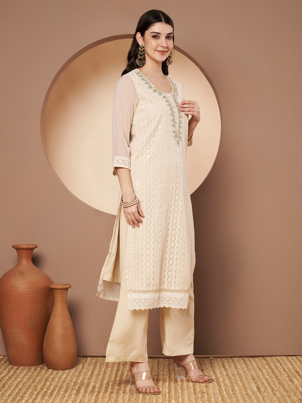 Beige & Green Chickenkari Adda Work Embroidered Kurta with Palazzo and Embroidered Dupatta