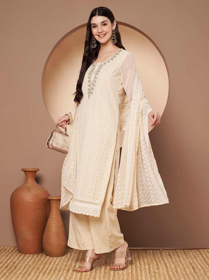 Beige & Green Chickenkari Adda Work Embroidered Kurta with Palazzo and Embroidered Dupatta