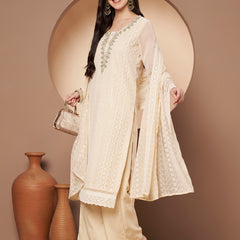 Beige & Green Chickenkari Adda Work Embroidered Kurta with Palazzo and Embroidered Dupatta