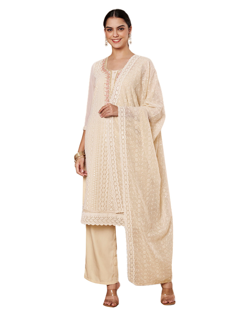 Beige & Peach Chickenkari Adda Work Embroidered Kurta with Palazzo and Embroidered Dupatta