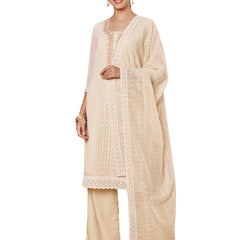 Beige & Peach Chickenkari Adda Work Embroidered Kurta with Palazzo and Embroidered Dupatta
