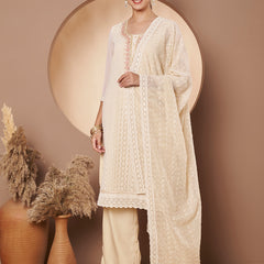 Beige & Peach Chickenkari Adda Work Embroidered Kurta with Palazzo and Embroidered Dupatta