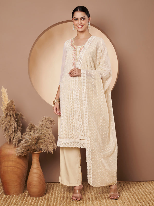 Beige & Peach Chickenkari Adda Work Embroidered Kurta with Palazzo and Embroidered Dupatta