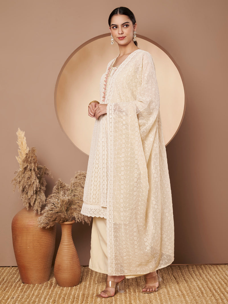 Beige & Peach Chickenkari Adda Work Embroidered Kurta with Palazzo and Embroidered Dupatta