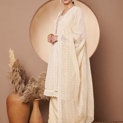 Beige & Peach Chickenkari Adda Work Embroidered Kurta with Palazzo and Embroidered Dupatta