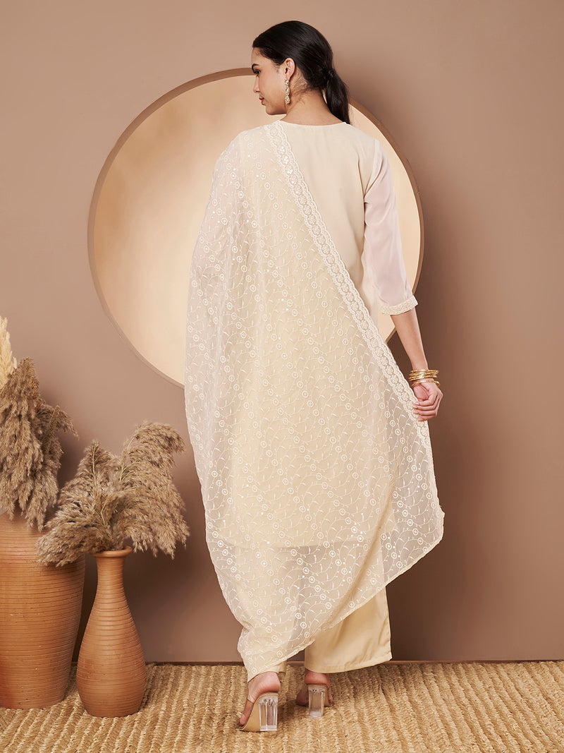 Beige & Peach Chickenkari Adda Work Embroidered Kurta with Palazzo and Embroidered Dupatta