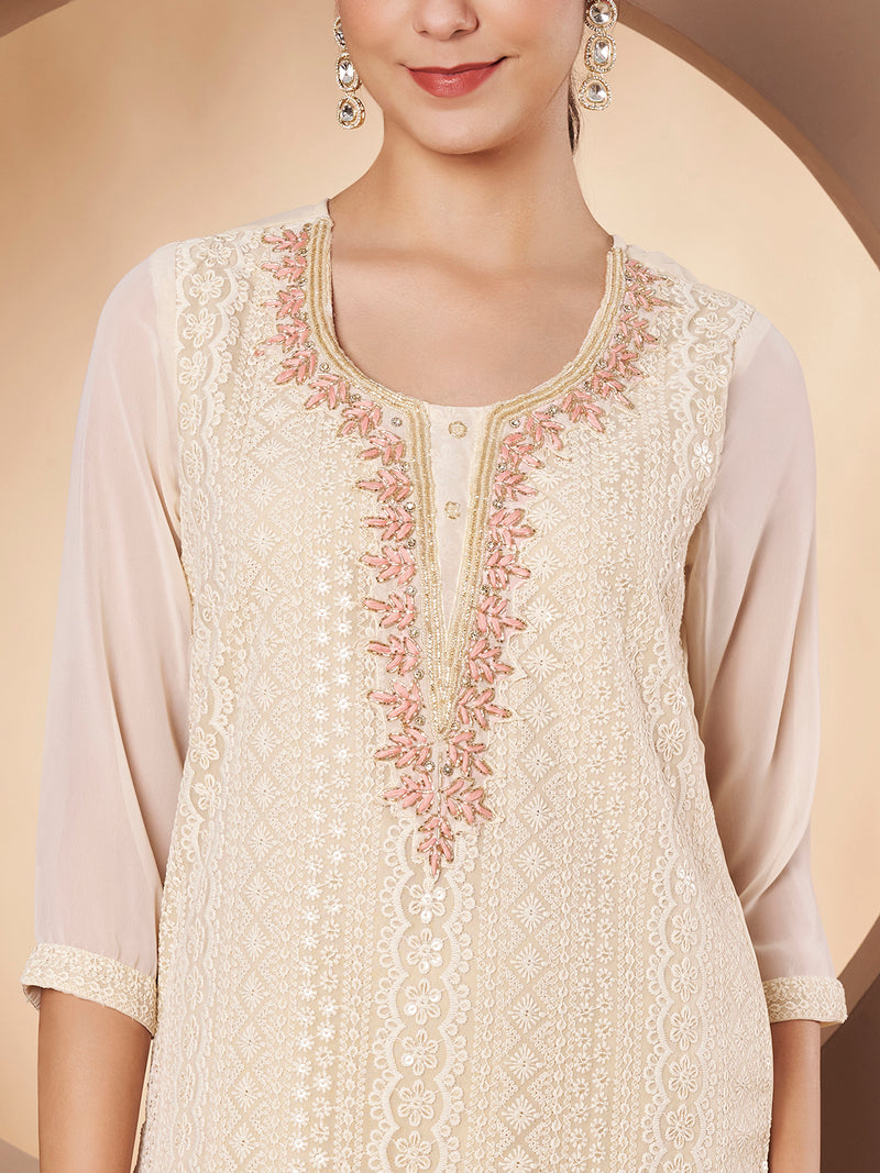 Beige & Peach Chickenkari Adda Work Embroidered Kurta with Palazzo and Embroidered Dupatta