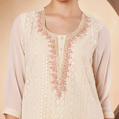 Beige & Peach Chickenkari Adda Work Embroidered Kurta with Palazzo and Embroidered Dupatta