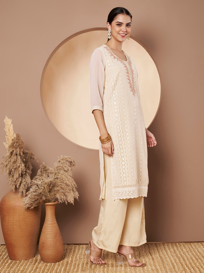 Beige & Peach Chickenkari Adda Work Embroidered Kurta with Palazzo and Embroidered Dupatta