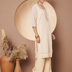 Beige & Peach Chickenkari Adda Work Embroidered Kurta with Palazzo and Embroidered Dupatta