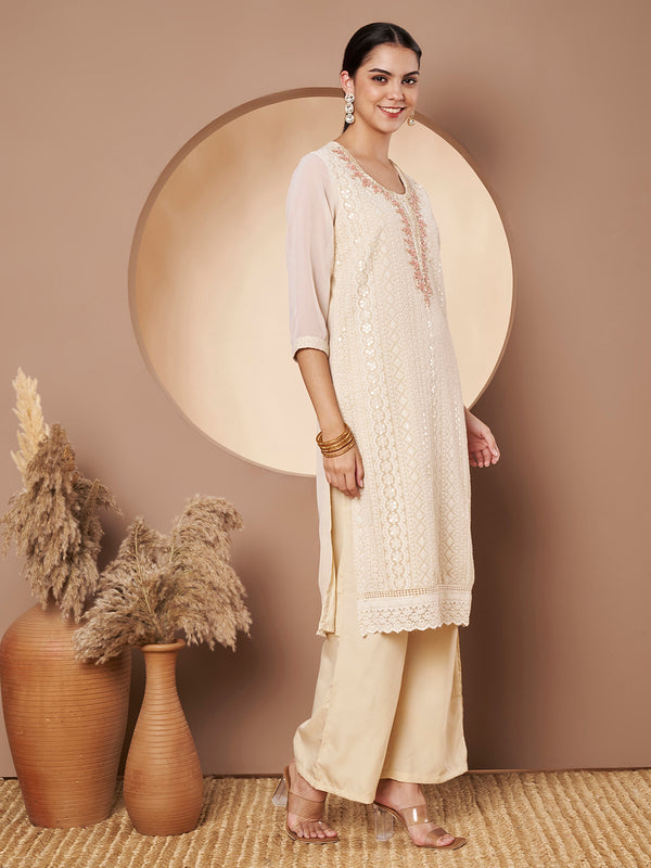 Beige & Peach Chickenkari Adda Work Embroidered Kurta with Palazzo and Embroidered Dupatta