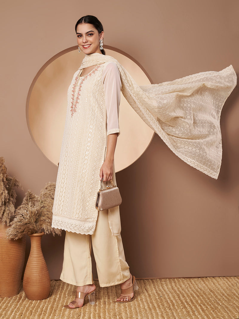 Beige & Peach Chickenkari Adda Work Embroidered Kurta with Palazzo and Embroidered Dupatta