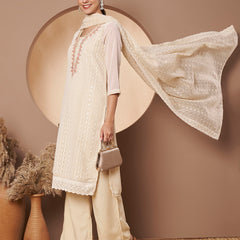 Beige & Peach Chickenkari Adda Work Embroidered Kurta with Palazzo and Embroidered Dupatta