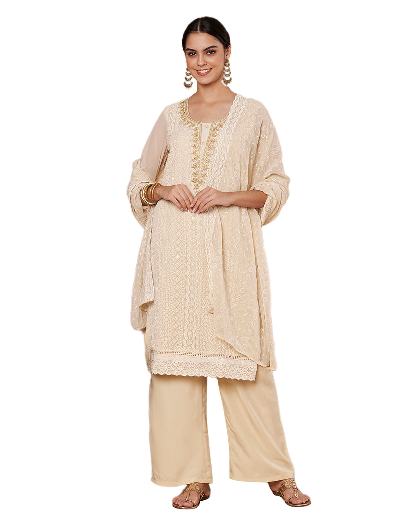 Beige & Skin Chickenkari Adda Work Embroidered Kurta with Palazzo and Embroidered Dupatta