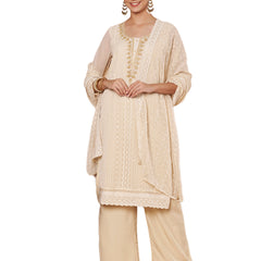 Beige & Skin Chickenkari Adda Work Embroidered Kurta with Palazzo and Embroidered Dupatta