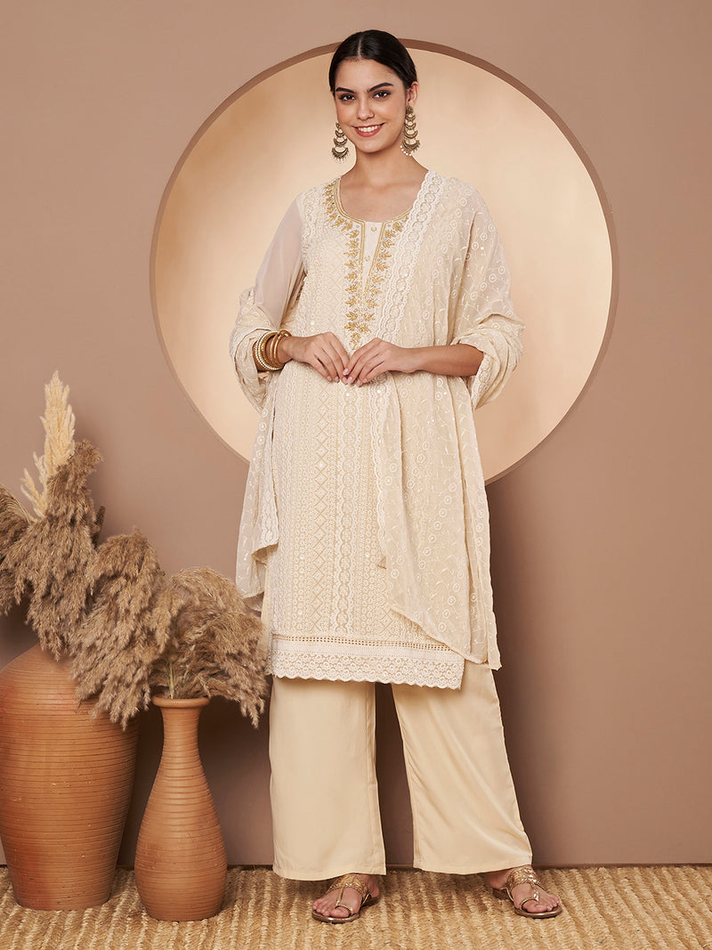 Beige & Skin Chickenkari Adda Work Embroidered Kurta with Palazzo and Embroidered Dupatta