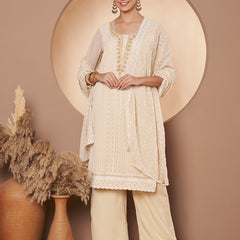 Beige & Skin Chickenkari Adda Work Embroidered Kurta with Palazzo and Embroidered Dupatta