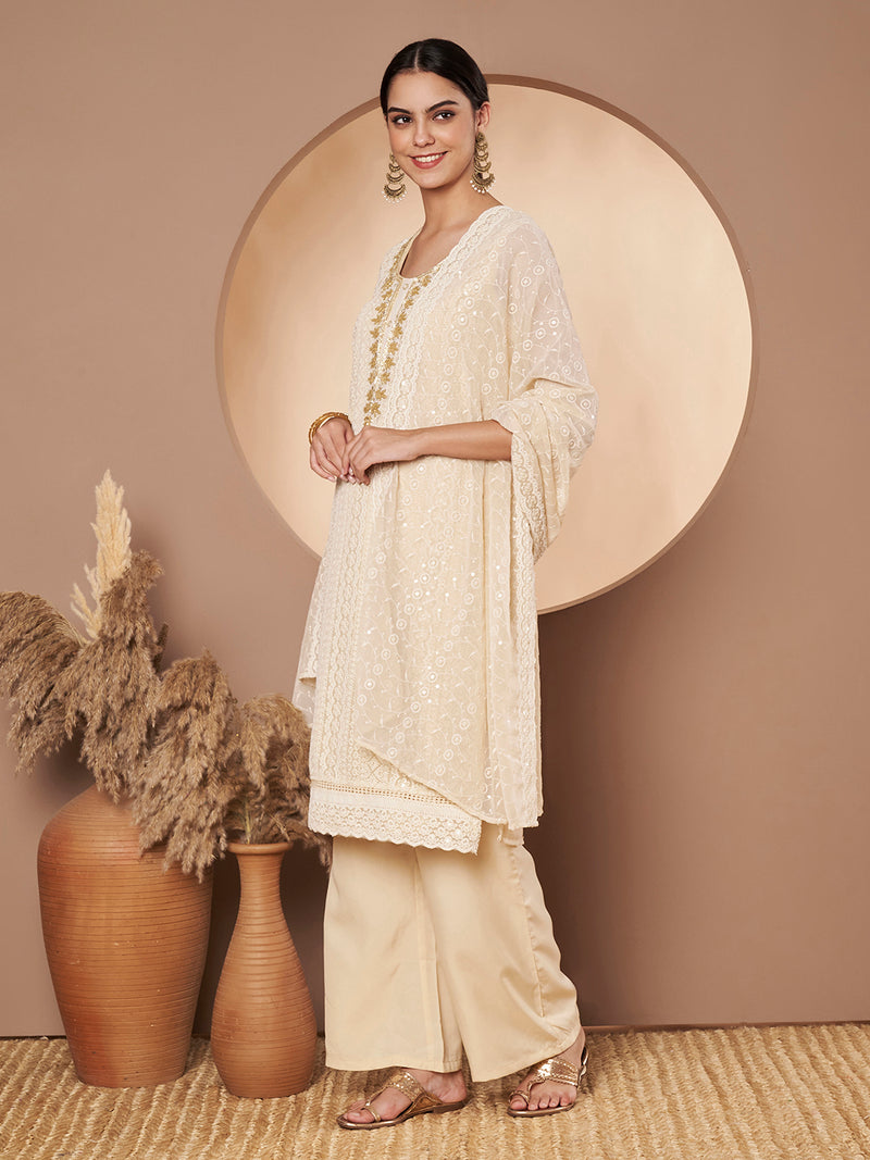 Beige & Skin Chickenkari Adda Work Embroidered Kurta with Palazzo and Embroidered Dupatta