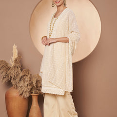 Beige & Skin Chickenkari Adda Work Embroidered Kurta with Palazzo and Embroidered Dupatta