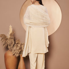 Beige & Skin Chickenkari Adda Work Embroidered Kurta with Palazzo and Embroidered Dupatta
