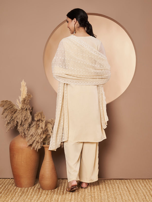 Beige & Skin Chickenkari Adda Work Embroidered Kurta with Palazzo and Embroidered Dupatta